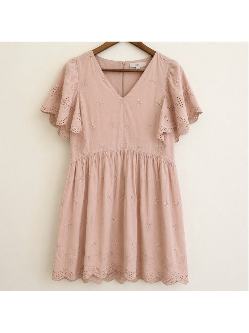 LOFT Petite Pink Eyelet Embroidered Flutter Sleeve Dress Large